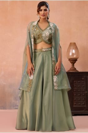 Sage green Embroidered Tissue Palazzo Suit PZ4507