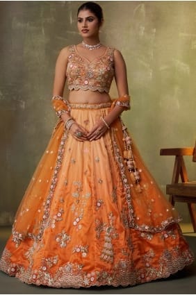 Embroidered Tissue Lehenga Choli in Orange with Dupatta LC8843