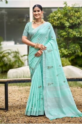 Turquoise Linen Saree with Weaving Work SR29915
