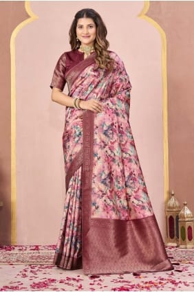Maroon Digital print Tussar silk Saree SR29096