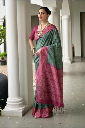 Tussar silk Printed Multicolor Saree with Blouse SR29334