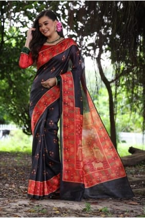 Tussar silk Printed Black Saree with Blouse SR29295