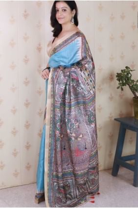 Indian Blue Saree with digital print Tussar silk SR28712