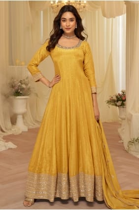 Yellow Velvet Embroidered Anarkali Suit with Dupatta AS4340