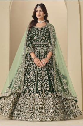 Embroidered Anarkali Suit in Green Velvet AS4188