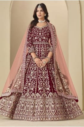 Embroidered Velvet Anarkali Suit in Maroon AS4191
