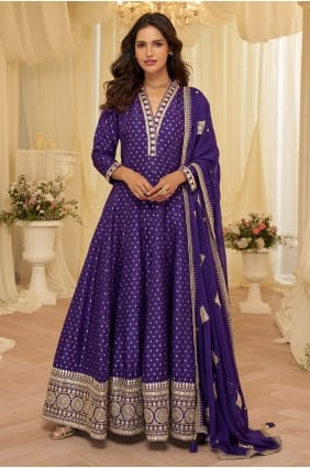 Velvet Anarkali Suit in Purple with Embroidered AS4339