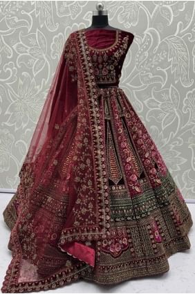 Maroon Velvet Bridal Embroidered Lehenga Choli Set LC8660