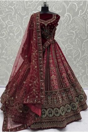 Embroidered Velvet Lehenga Choli in Maroon LC8573