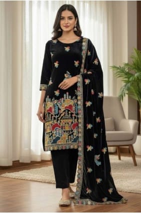 Eid Palazzo Suit in Black Velvet with Sequins PZ4299