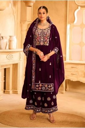 Velvet Palazzo Suit with Embroidered PZ4156