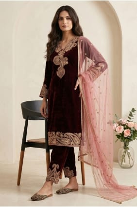 Dark maroon Salwar Kameez with Embroidered Velvet SK159174