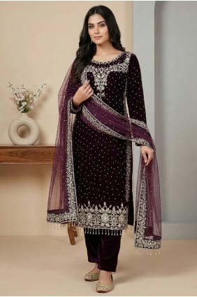 Stone with moti Velvet Salwar Kameez in Wine with Dupatta SK15661