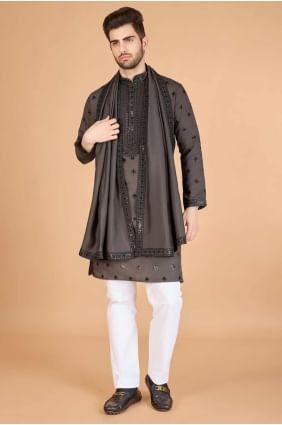 Viscose Embroidered Brown Men Kurta with Dupatta KURR512