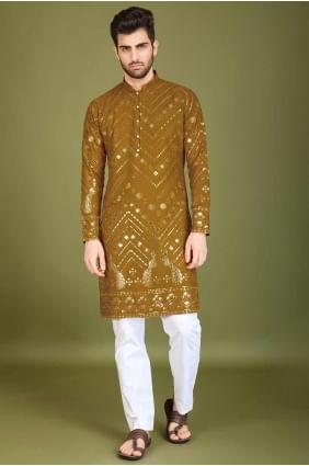Viscose Embroidered Mustard Men Kurta with Dupatta KURR530