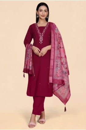 Magenta Straight Suit with Hand Viscose SK156127