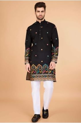 Viscose Men Kurta in Black with Embroidered KURR443