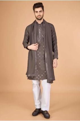 Viscose Men Kurta in Brown with Embroidered KURR450