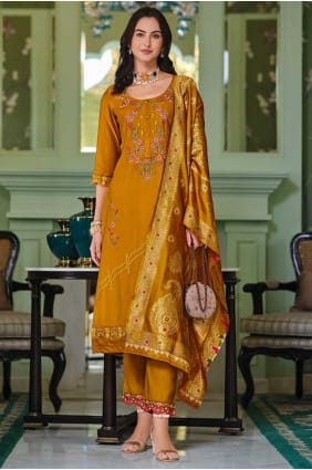 Weaving Salwar Kameez in Mustard Viscose SK155812