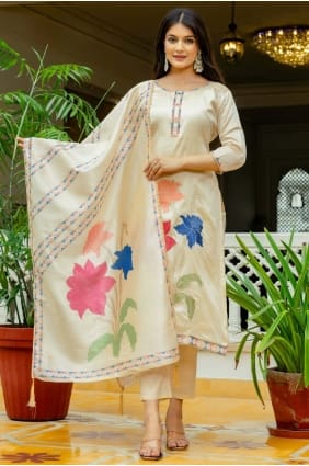 Embroidered Salwar Kameez in Cream Viscose SK155894