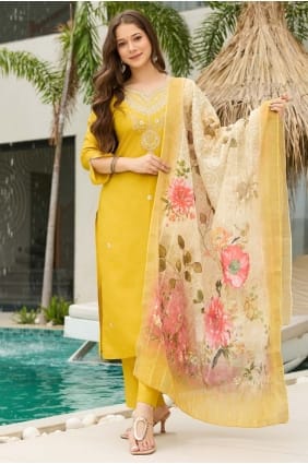 Embroidered Viscose Salwar Kameez in Mustard with Dupatta SK155876