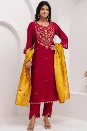 Viscose Straight Pant Suit in Maroon with Embroidered SK155532