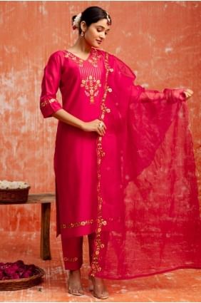Viscose Straight Suit with Embroidered in Pink SK155636