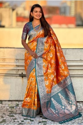 Weaving Banarasi silk Orange Saree with Blouse SR28353