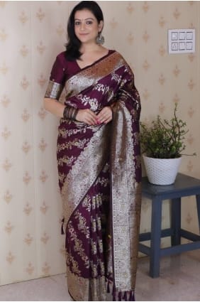 Weaving Banarasi silk Wine Saree with Blouse SR28984