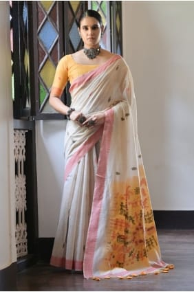 Cotton Weaving Cream Saree SR29349