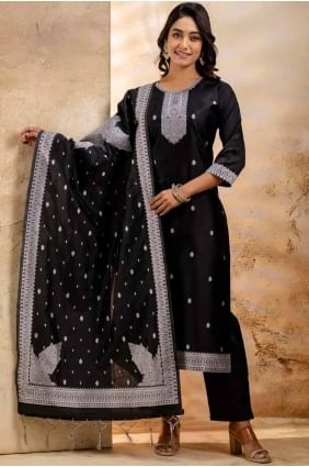 Weaving Cotton Straight Pant Suit in Black SK155643