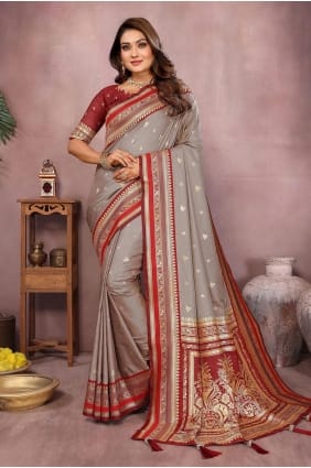 Grey Saree in Handloom silk with Weaving SR29750