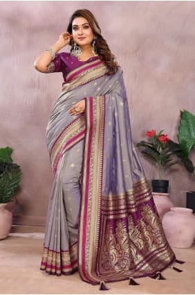 Weaving Handloom silk Saree in Silver grey with Blouse SR29746
