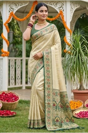 Saree in Beige Jacquard with Weaving SR29996