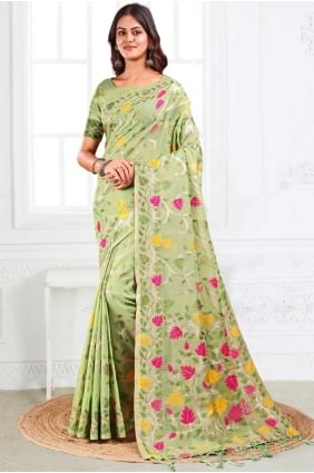 Elegant Pista Saree in Linen with Weaving SR28669