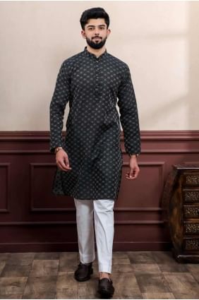 Weaving Men Kurta in Black Cotton KURR504