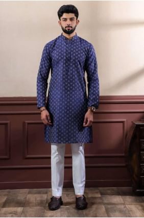 Weaving Men Kurta in Navy blue Cotton KURR498