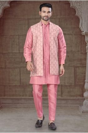 Weaving Men Kurta in Pink Silk KURR463