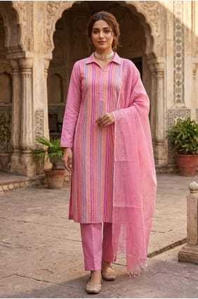 Weaving Cotton Salwar Kameez in Pink with Dupatta SK15899