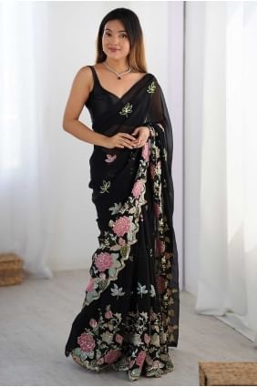 Lightweight Sequins and weaving Georgette Saree in Black SR28664