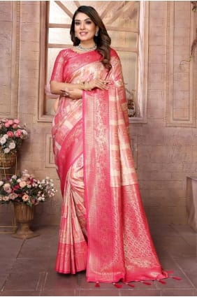 Weaving Saree in Peach Banarasi silk SR28356