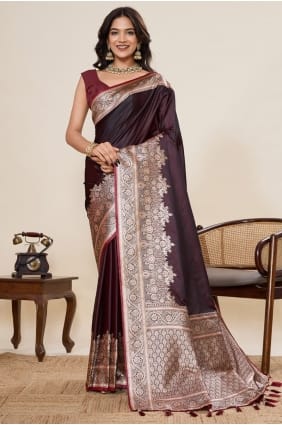 Wine Saree with Weaving Satin SR28994
