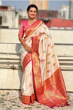 Weaving Silk Saree in Cream with Blouse SR28395