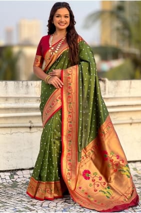 Silk Saree in Mahendi with Weaving SR29471