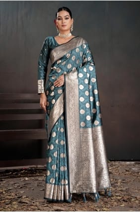 Weaving Saree in Teal Silk SR29378