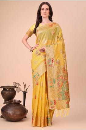 Weaving Linen Yellow Saree with Blouse SR28455