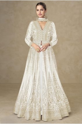 Embroidered Chinon chiffon Anarkali Suit in White with Dupatta AS4296