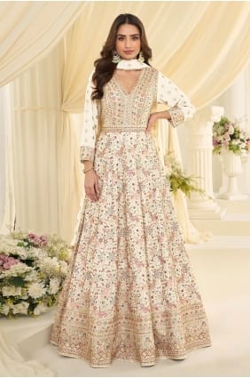 White Georgette Gown Dress with Embroidered GW1290