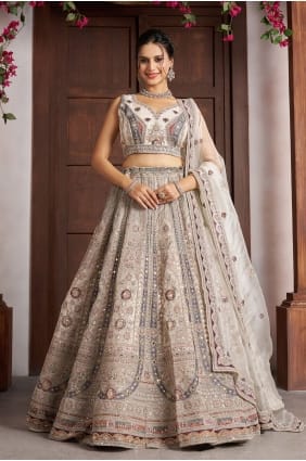 Hand Lehenga Choli in White Net LC9103