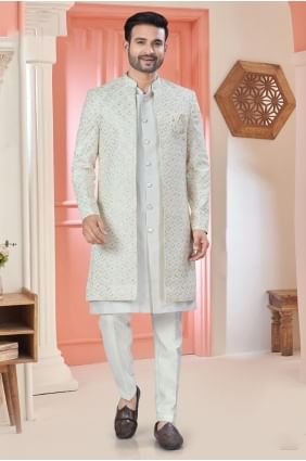 White Men Kurta in Embroidered Art silk KURR437